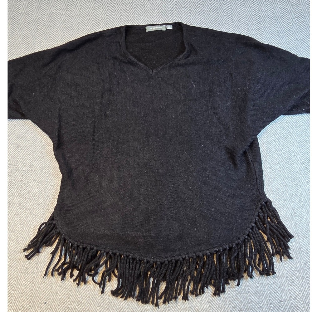 NY Collection Womens Black Fringe Hem Dolman Sleeve V-Neck Sweater XS XSVU1038